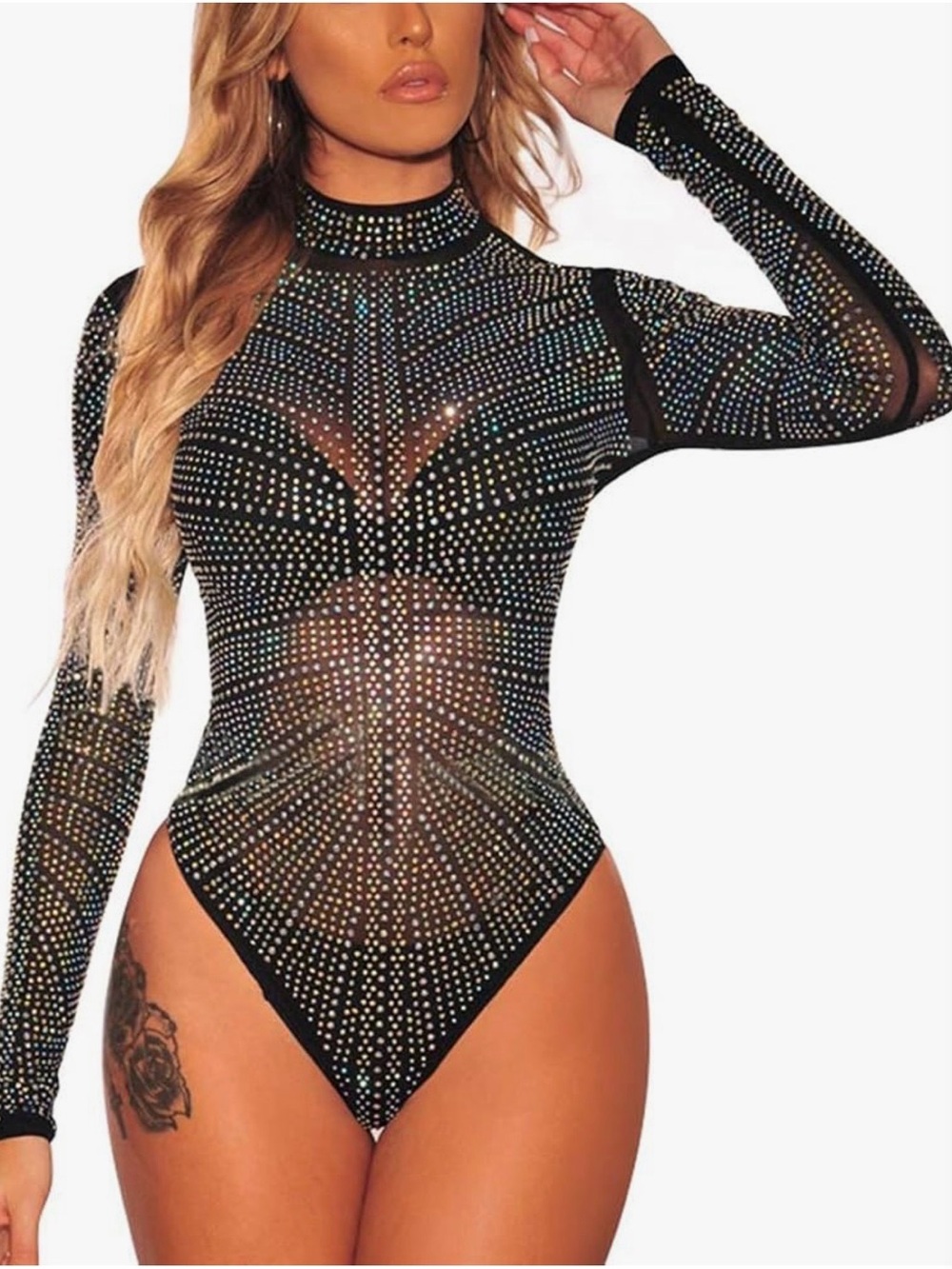 Black Rhinestone Mesh Long Sleeve High-Neck Bodysuit